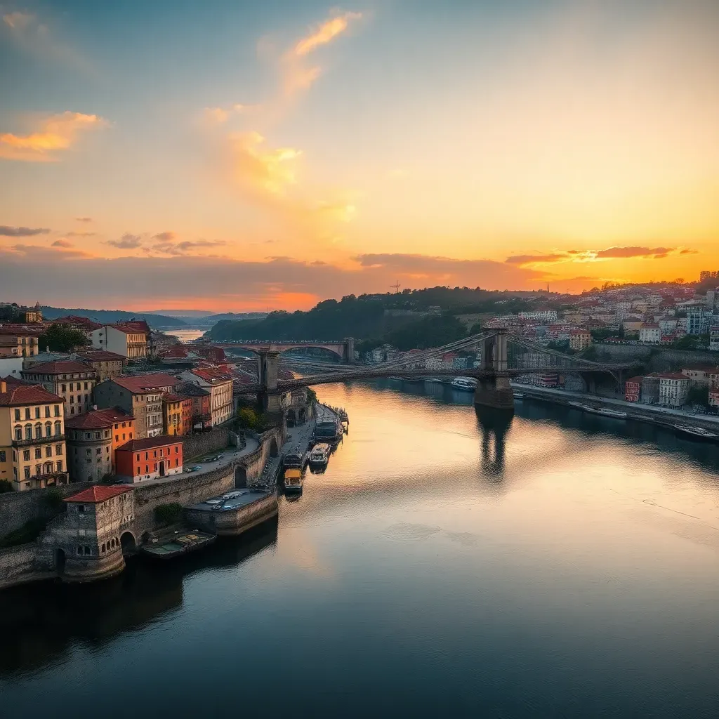 Filming in Porto with view of Ribeira and Dom Luís I Bridge