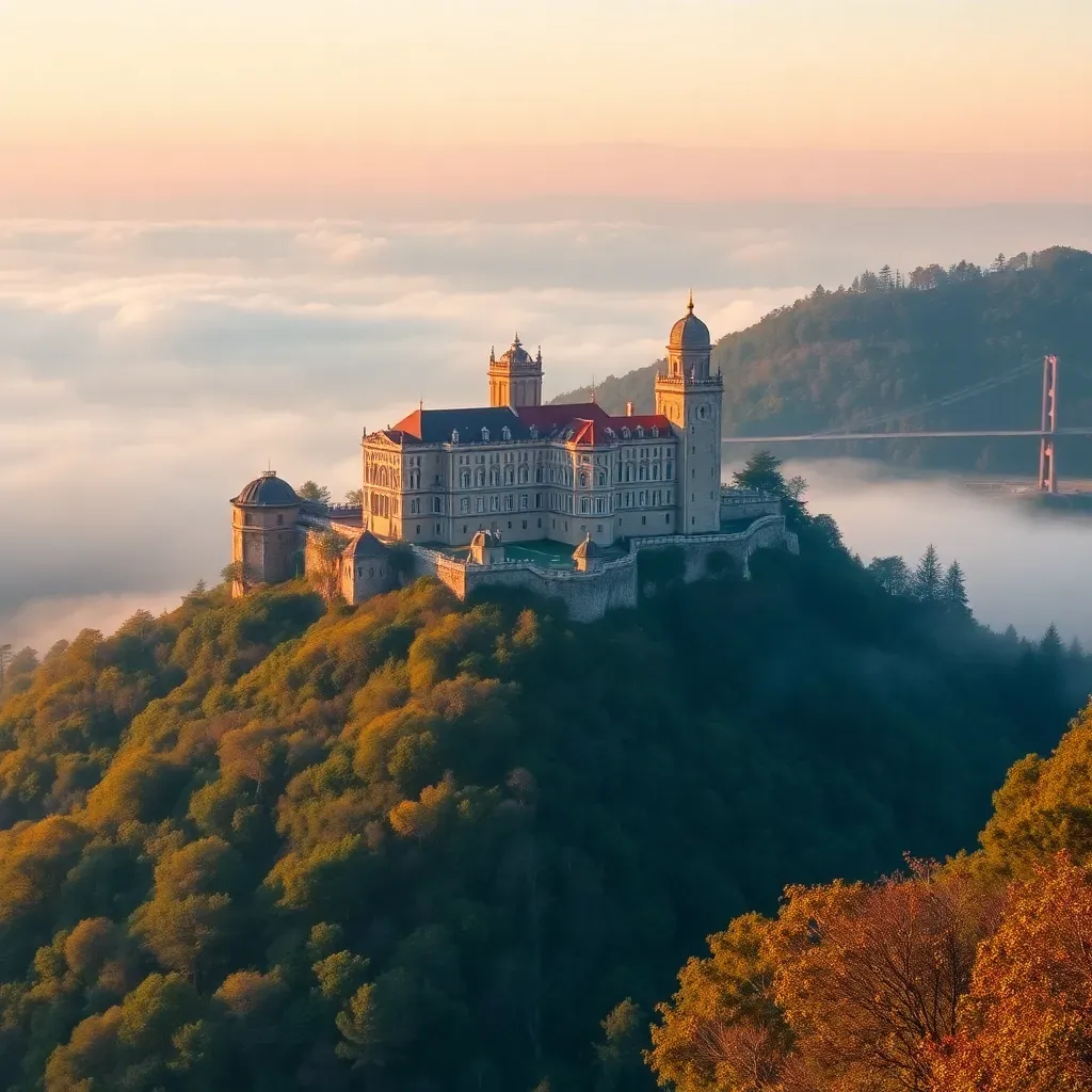 Filming in Sintra with colorful Pena Palace and misty forest